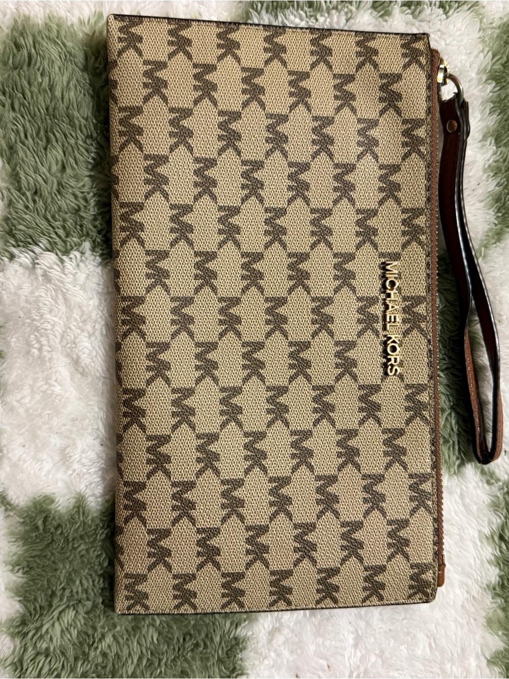 Michael Kors Beige and Brown Logo Wristlet Clutch